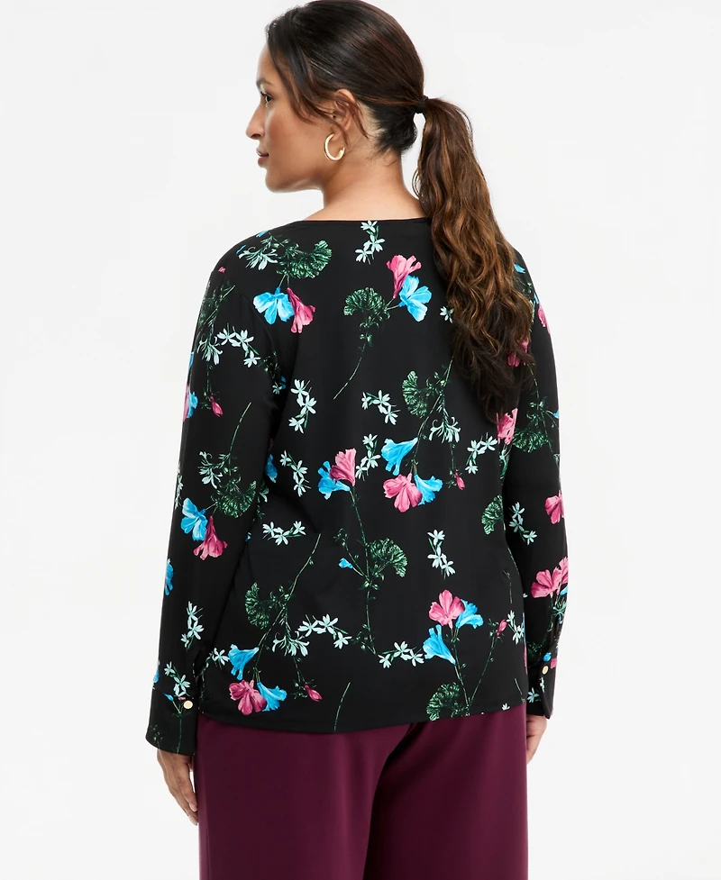I.n.c. International Concepts Plus Long-Sleeve V-Neck Pleated-Shoulder Blouse, Macy's Exclusive