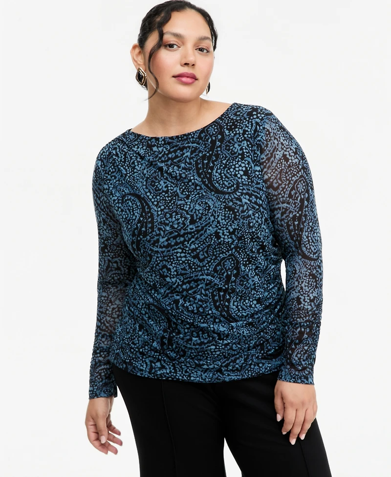 I.n.c. International Concepts Plus Ruched Long-Sleeve Paisley Top, Macy's Exclusive