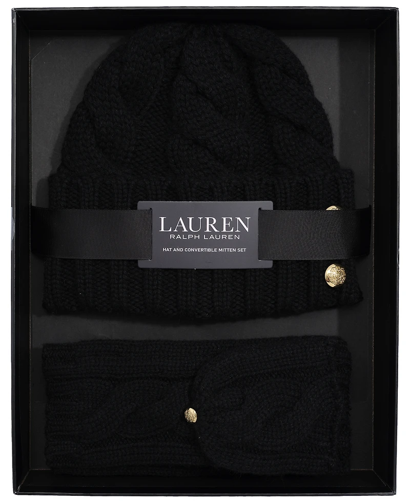 Lauren Ralph Convertible Cable Beanie and Mittens Set