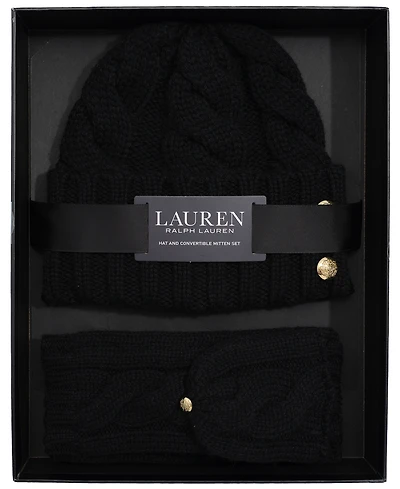 Lauren Ralph Convertible Cable Beanie and Mittens Set