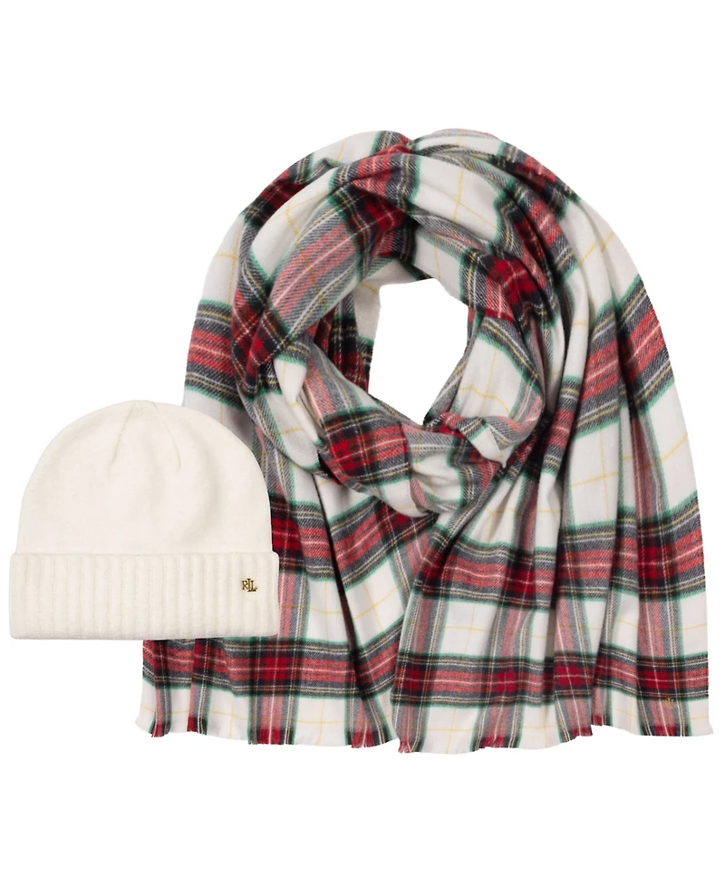 Lauren Ralph Woven Scarf and Knit Beanie Set