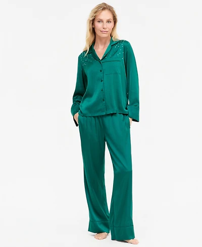 I.n.c. International Concepts Women's Diamonte Satin Long Pajama Set, Created for Macy's
