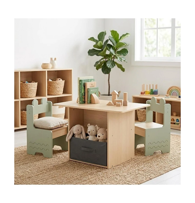 Slickblue Wooden Kids Table and Chairs Set with 2 Open Storage Compartments