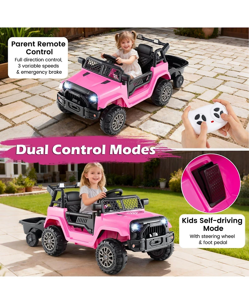 Gymax Kids Ride On Utv Car with Detachable TrailerParent Remote Control Light and Music