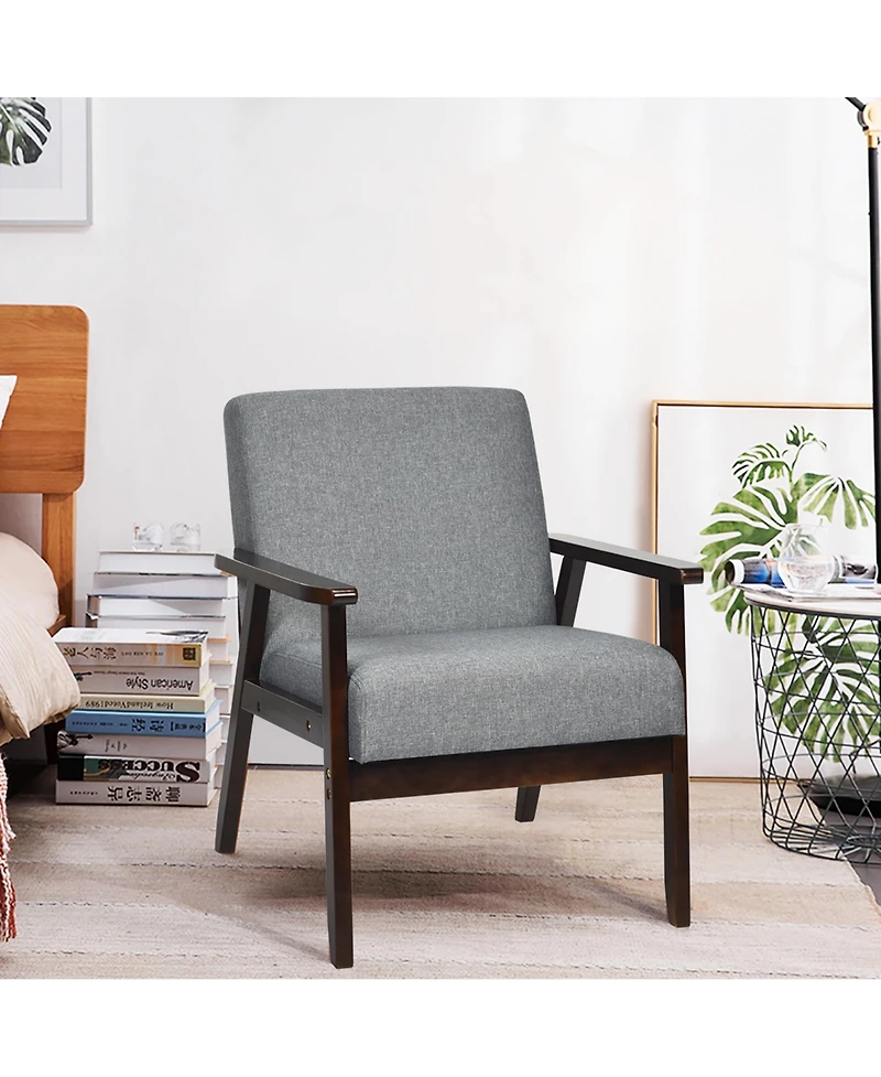 Gymax Wooden Upholstered Accent Chair Fabric Armchair Home Office