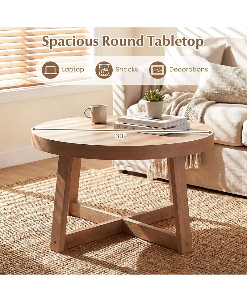 Gymax 30'' Round Coffee Table with Solid Wood Cross-Shaped Base.Farmhouse Accent Tea Table