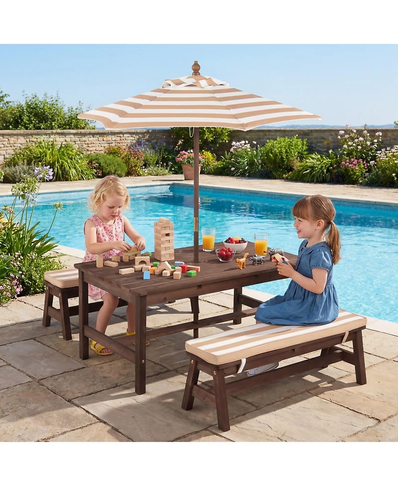 Gymax Kids Picnic Table Outdoor Wooden Table and Bench Set with Removable Umbrella