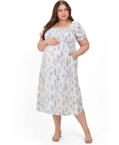Pinkblush Plus Size Ivory Floral Smocked Sweetheart Neckline Midi Dress