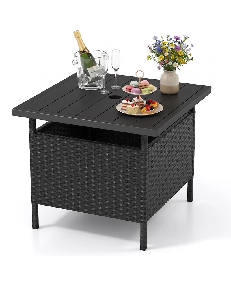 Patio Square Wicker Side Table with Umbrella Hole for Yard Garden Poolside