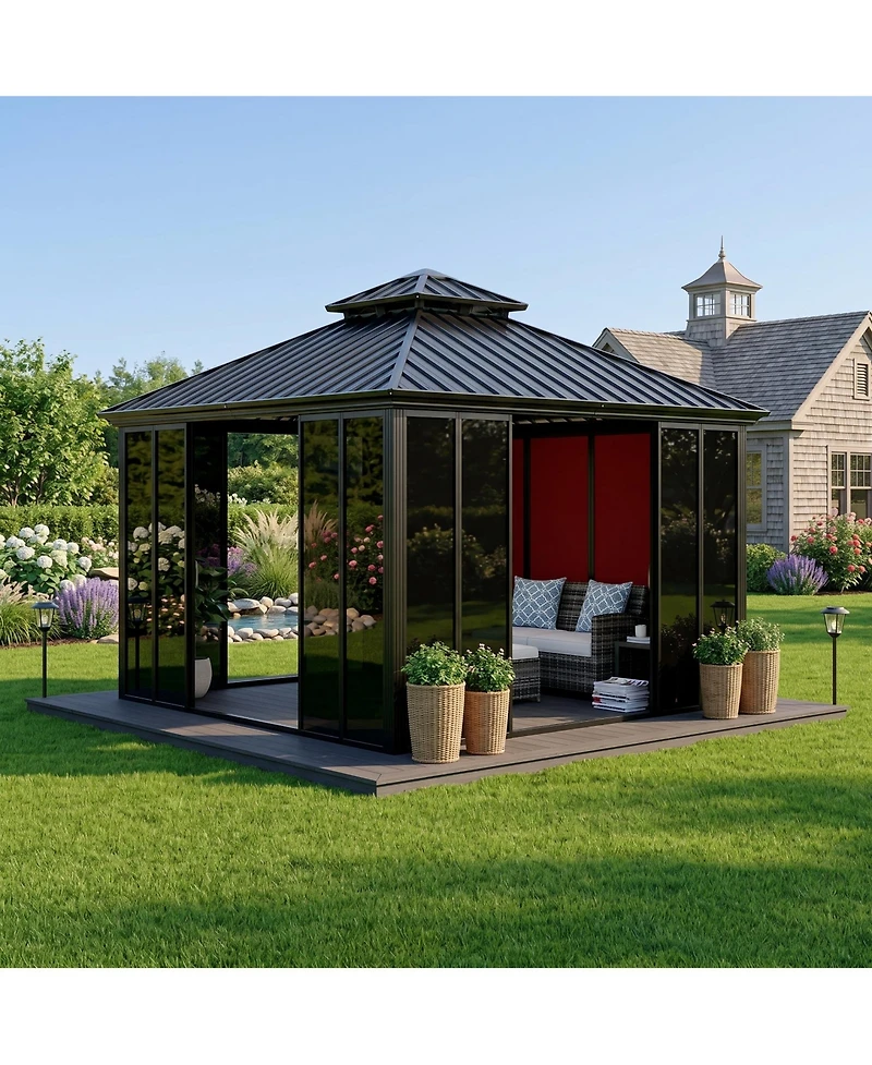homfan 12 x 12 Feet Metal Roof Gazebo House Storage Workshop with Aluminum Alloy and Steel Frame and Acrylic Panels for Backyard, Patio, Party
