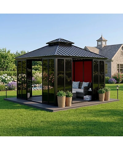homfan 12 x 12 Feet Metal Roof Gazebo House Storage Workshop with Aluminum Alloy and Steel Frame and Acrylic Panels for Backyard, Patio, Party