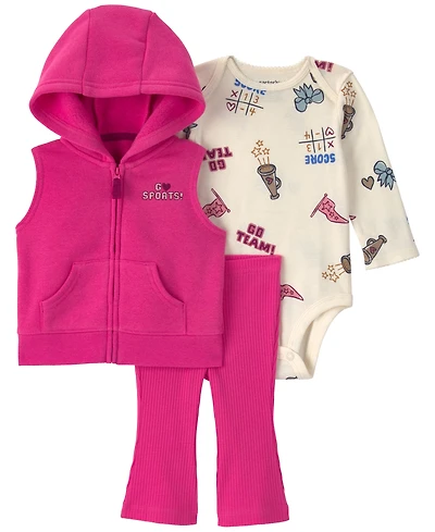 Carter's Baby Girls' Sleeveless Hooded Zip-Up Vest, Bodysuit and Pants, 3-Piece Set