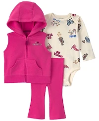 Carter's Baby Girls' Sleeveless Hooded Zip-Up Vest, Bodysuit and Pants, 3-Piece Set
