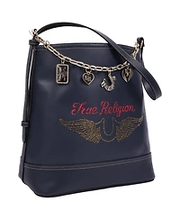 True Religion Chain Moto Pu Bucket Bag with Charm Chain and Removable Zip Pouch