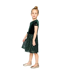 Deux par Girls (6-14) Bi-Material Short Sleeve Dress with Glittering Skirt
