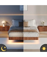 Rainsken Floating Bed Frame with Led Lights, Fluted Wave Curve Wood Frame, Heavy Duty Metal Slats - No Box Spring Needed