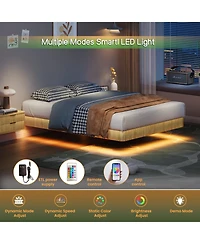 Rainsken Floating Bed Frame with Led Lights, Fluted Wave Curve Wood Floating Bed Frame, with Heavy Duty Metal Slats - No Box Spring Needed