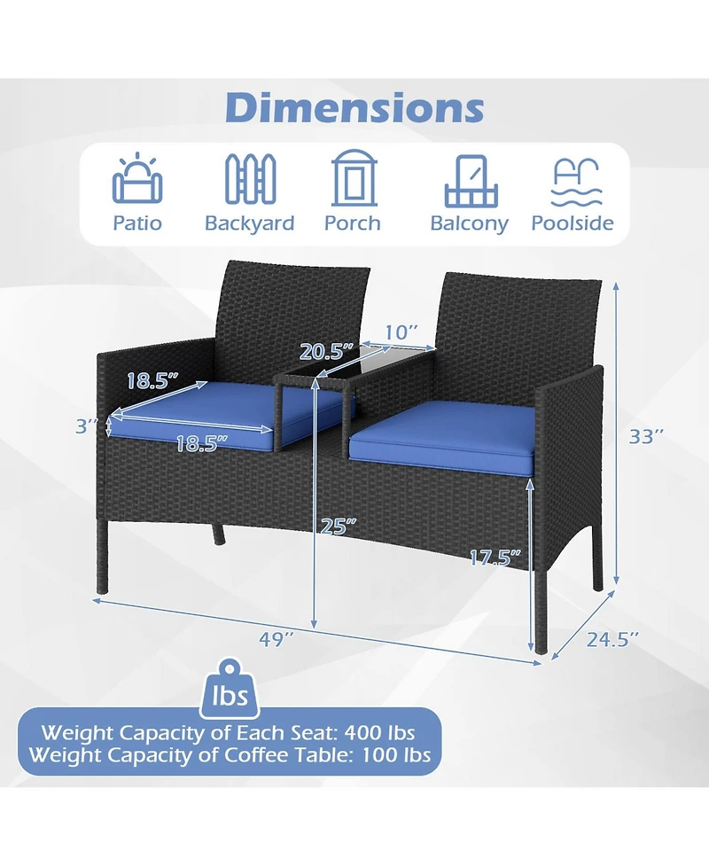 Gymax Patio Loveseat with Built-in Table Soft Cushions and Tempered Glass Tabletop