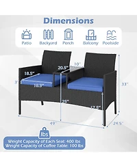 Gymax Patio Loveseat with Built-in Table Soft Cushions and Tempered Glass Tabletop