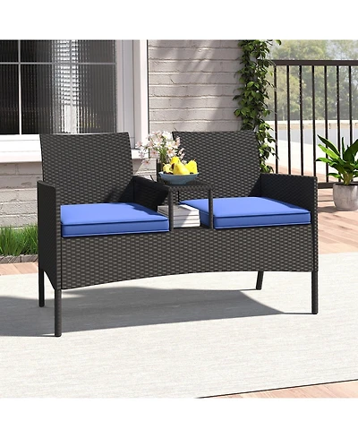 Gymax Patio Loveseat with Built-in Table Soft Cushions and Tempered Glass Tabletop