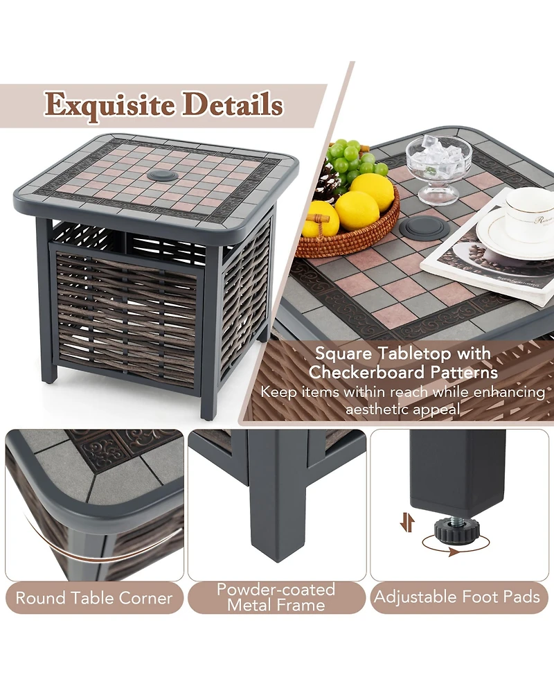 Gymax 21.5 Inches Outdoor Pe Rattan Side Table with Resin Tabletop Umbrella Hole