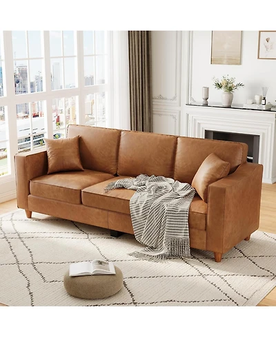 gaomon 85 Inches 3-Seater Sofa Couch with 2 Throw Pillows, Faux Leather Couch with Wide Armrests, Wood Legs, Deep Seats, Back Cushion