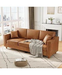 gaomon 85 Inches 3-Seater Sofa Couch with 2 Throw Pillows, Faux Leather Couch with Wide Armrests, Wood Legs, Deep Seats, Back Cushion