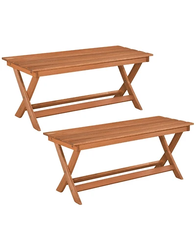 Slickblue Set of 2 Wooden Patio Bench for 2 People with X-Shaped Legs and Slatted Seat