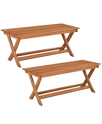 Slickblue Set of 2 Wooden Patio Bench for 2 People with X-Shaped Legs and Slatted Seat