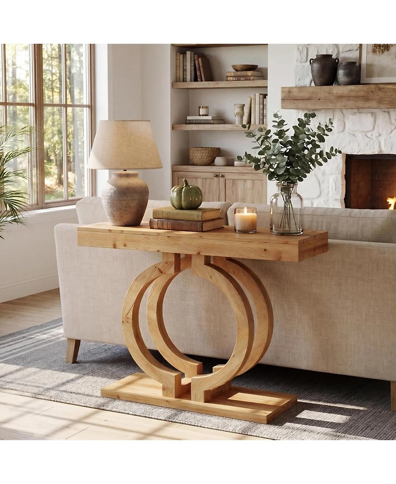 Tribesigns Solid Wood Console Table, 43.3" Natural Wood Entryway Table with Artistic Double-Circle Base, Narrow Sofa Accent Table