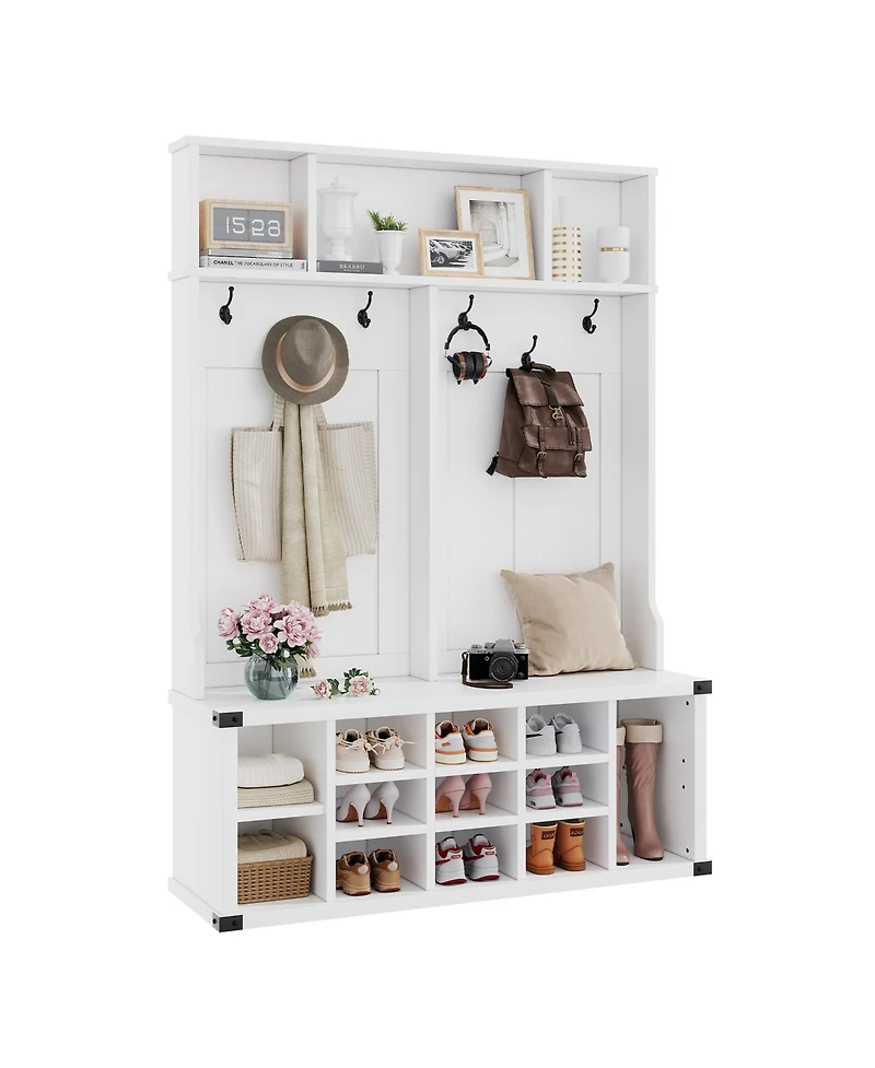 homfan Hall Tree with Bench – 12 Shoe Cubbies, 5 Double Hooks and Adjustable Shelves for Hallway, Mudroom or Bedroom