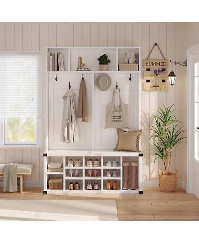 homfan Hall Tree with Bench – 12 Shoe Cubbies, 5 Double Hooks and Adjustable Shelves for Hallway, Mudroom or Bedroom