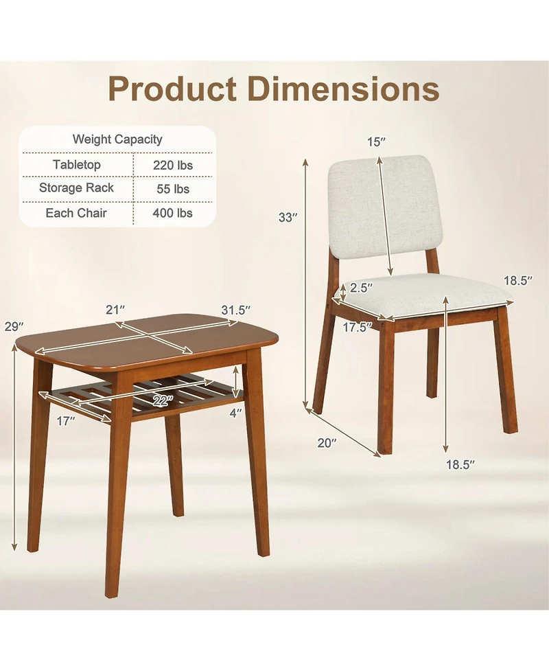 Slickblue 3 Piece Kitchen Dining Table Set with Upholstered Chairs for 2 Person