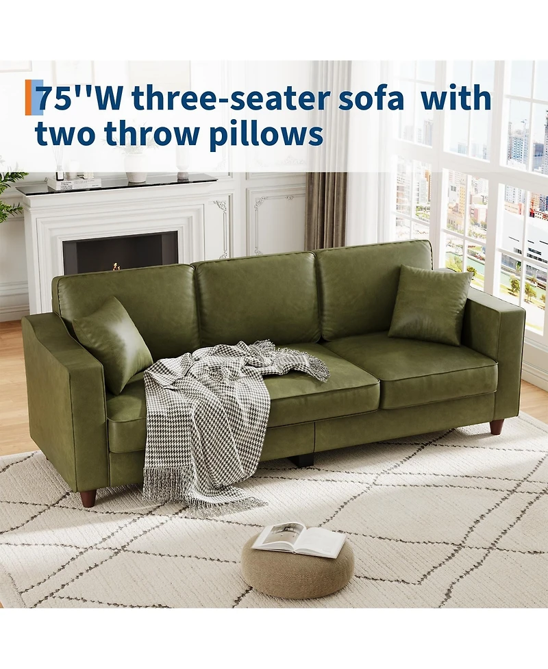 homfan 85 Inches 3-Seater Sofa with 2 Throw Pillows, Faux Leather Couch, Back Cushion, Support Feet for Living Room