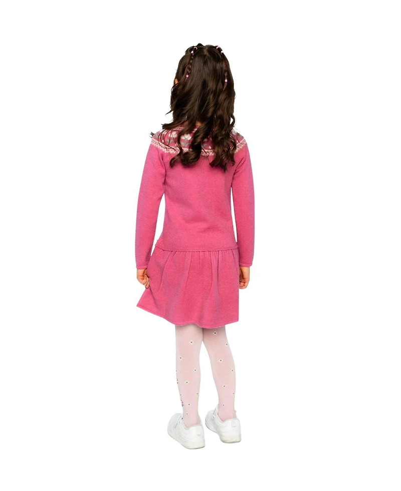 Deux par Deux Toddler Girls Knitted Dress with Flower Jacquard Raspberry