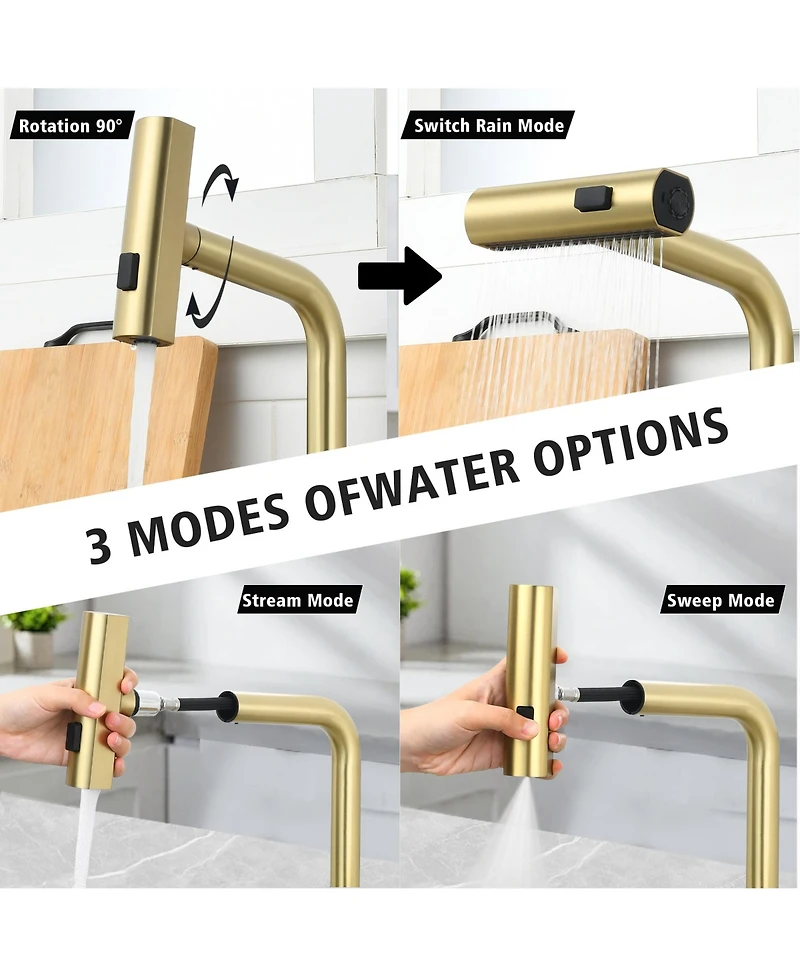Midola Touchless Brushed Gold Kitchen Faucet with Led Display, Motion Sensor Sink Faucet with 3-Function Pull-Out Sprayer and 360degree