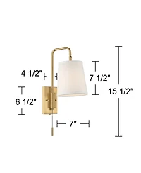 360 Lighting Luca Swing Arm Wall Lamps Set of 2 Warm Brass Metal Plug-in Light Fixture Fabric Shade for Bedroom Bedside Living Room Reading Home