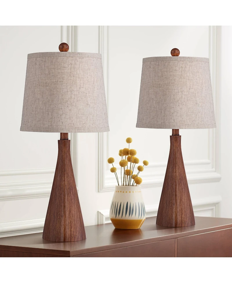 360 Lighting Fraiser 23 1/2" High Cone Small Mid Century Modern Accent Table Lamps Set of 2 Wood Finish Living Room Bedroom