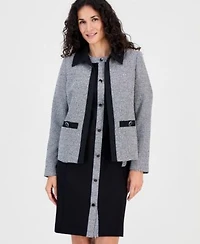 Kasper Womens Collared Tweed Combo Cardigan Tweed Trim Short Sleeve Sheath Dress