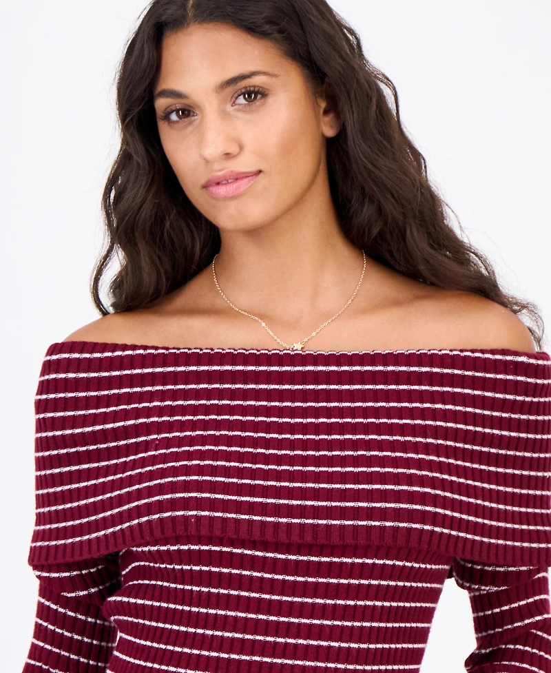 Madden Girl Juniors' Marilyn Off-the-Shoulder Ribbed Long-Sleeve Sweater