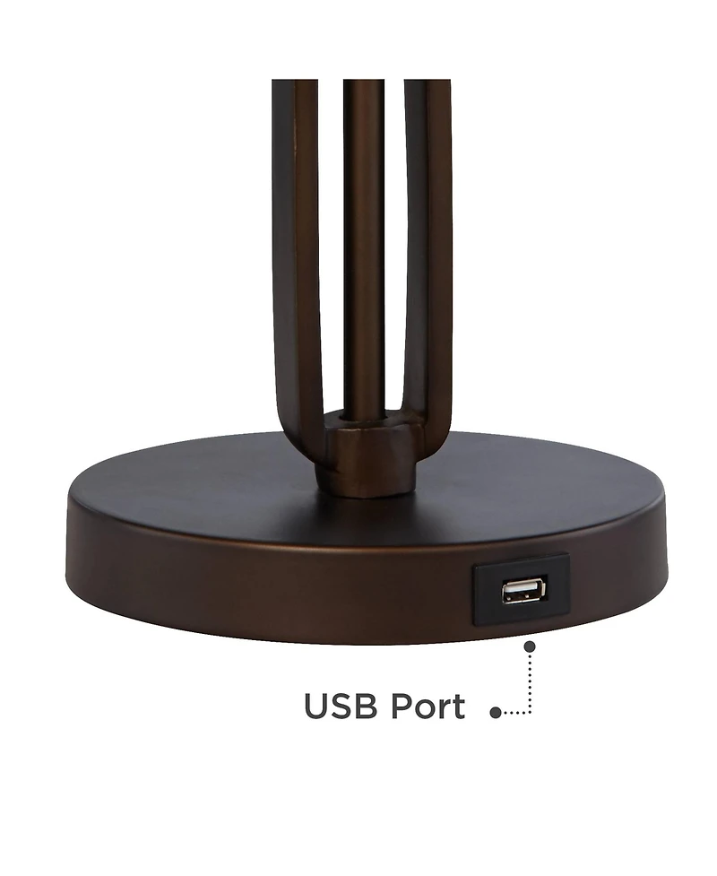 Franklin Iron Works Samuel Industrial Desk Lamps 21 1/4" High Set of 2 Bronze Swing Arm with Usb Charging Port Natural Mica Shade for Living Room Home