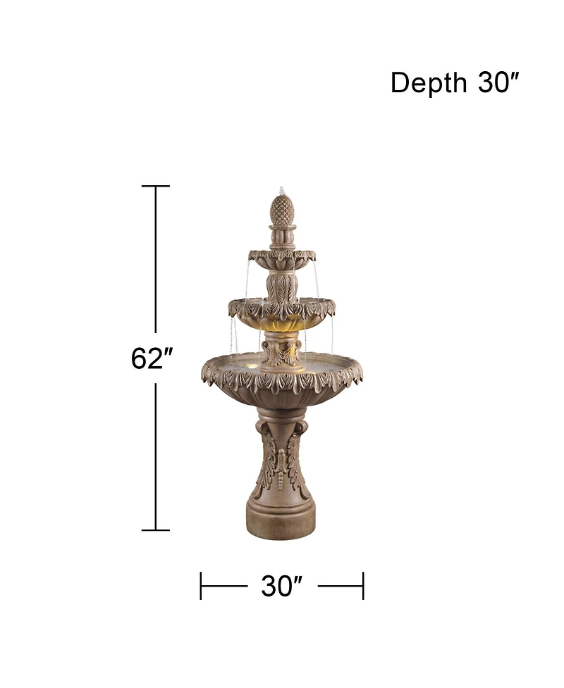 John Timberland Ibiza 62" High Large Italian Outdoor Decor Sand Stone Floor Fountain with Light Led 3-Tier Outside Garden Patio
