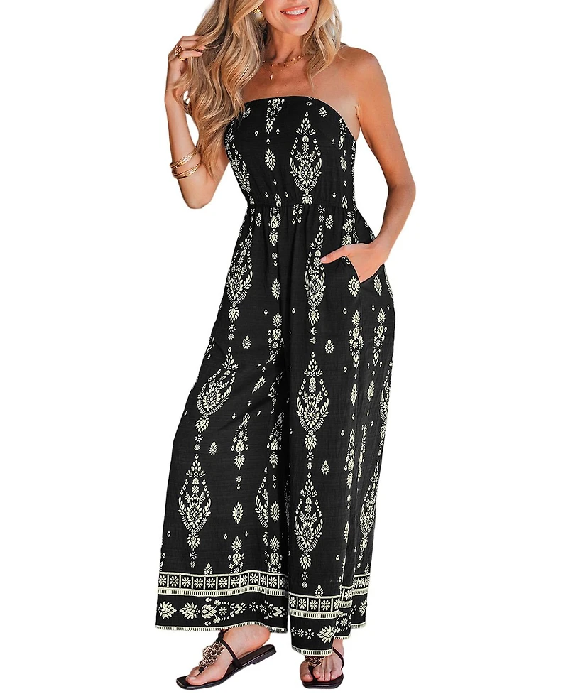 Cupshe Women's Bohemian Floral Strapless Wide Leg Jumpsuit