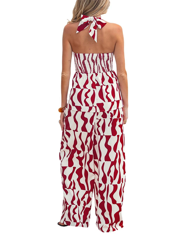 Cupshe Women's Abstract Print Halter Keyhole Top and Wide Leg Pants Matching Set