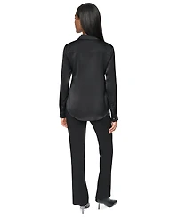 Dkny Petite Satin Front-Button Long-Sleeve Top