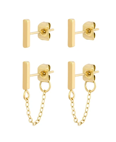 Adornia Tarnish Resistant Gold Wrap Around Chain and Bar Stud Earring Set