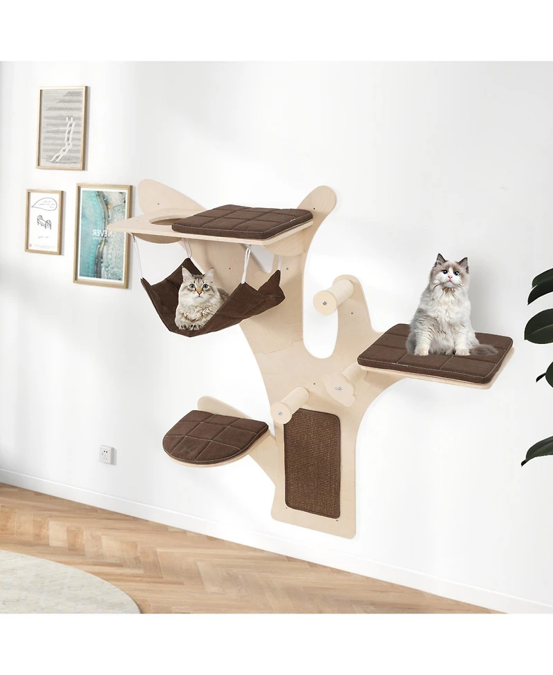 Gymax Wall-Mounted Cat Tower with Perch Hammock Sisal Scratching Posts and Mat Cushions