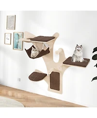 Gymax Wall-Mounted Cat Tower with Perch Hammock Sisal Scratching Posts and Mat Cushions