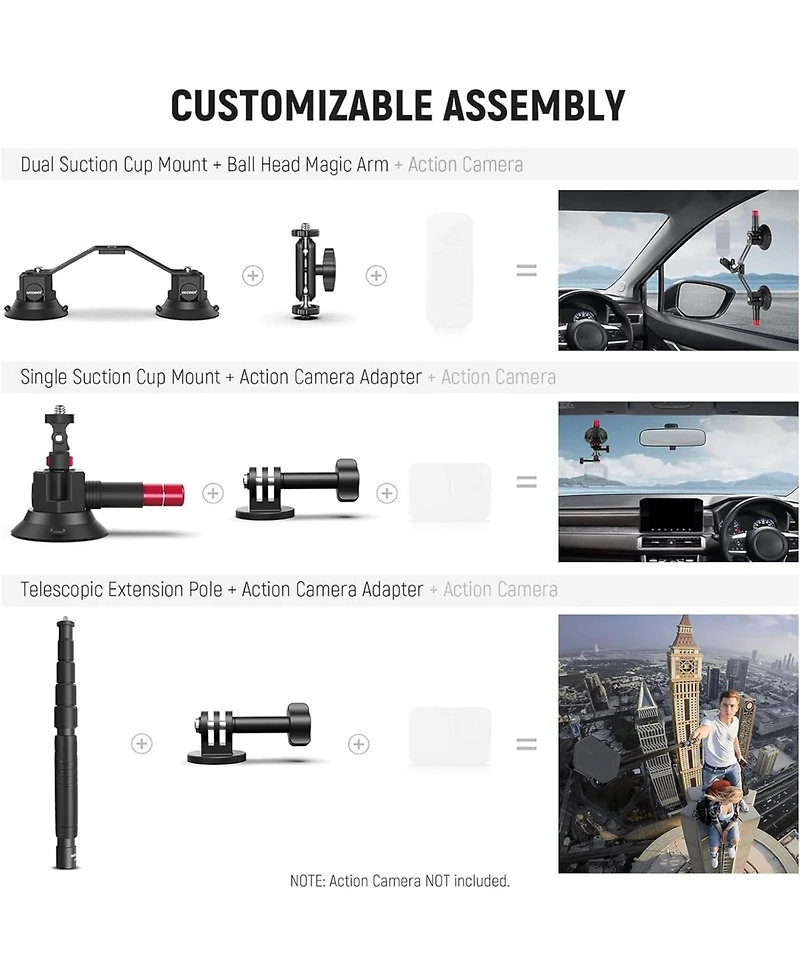 Neewer CA065 Triple Suction Cup Car Mount Kit with Extension Pole, Quick Release, Magic Arm for GoPro and Insta360
