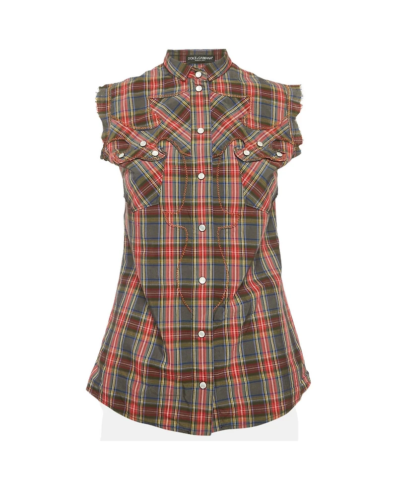 Pre-Owned Dolce & Gabbana Plaid Cotton Pearl Snap Button Detail Sleeveless Shirt